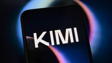 The Kimi logo displayed on a black phone screen, with a black background illuminated by a purple light.