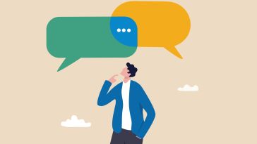 A businessman points his finger toward his chin while two overlapping thought bubbles hover above him, symbolizing the idea of making thoughtful business decisions