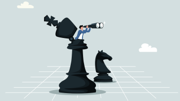 A businessman stands inside a giant open chess piece on a grid pattern, using binoculars to scan the horizon.