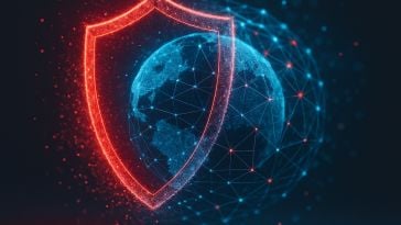 A glowing red shield outline hovers in front of a digital, networked globe against a dark background, representing cybersecurity and global data protection.