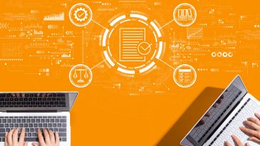 An image of hands typing at laptops with icons related to legal and compliance work on an orange background. 
