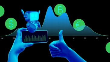 A pair of hands illuminated in blue light hold a phone and give a thumbs-up. A little robot sits on top of the phone. In the background is a stock chart.