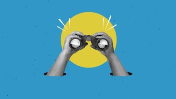 Black-and-white hands holding binoculars against a blue background with a yellow circle behind them.