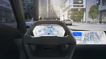 A photo of a car using HERE technologies from inside the driver's seat. 