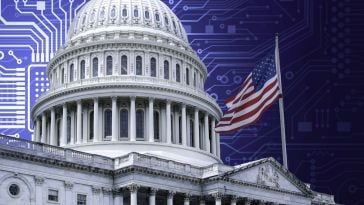 A picture of the Capitol building with an American flag, with a computer chip board in the background.