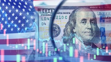A stock chart is superimposed over an image of a $100 bill and the American flag.