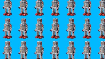 Rows of humanoid robots, with a light-blue background.