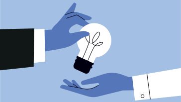 A blue hand passes a lightbulb to another open blue hand, symbolizing the idea of knowledge-sharing and collaboration. 