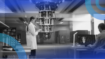 A woman in a lab coat works on a quantum computer 