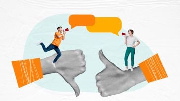 A collage of hands in a thumbs up and thumbs down with people communicating with text boxes to show the idea of clear communication helping a team find success. 
