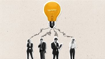 A collage of four professionals as paper cutouts with lines drawn up to a lightbulb to show the idea of a team collaborating over an idea. 