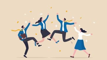A graphic illustration of four business professionals joyfully jumping and dancing in celebration amid falling confetti.