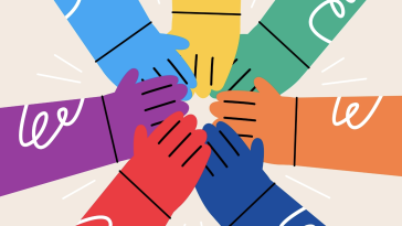 A colorful graphic illustration of arms reaching inward to place their hands together in the center, symbolizing teamwork. 