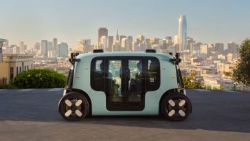 A Zoox car is parked in the foreground of the San Francisco skyline.