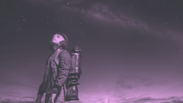 A young boy in a jetpack looks at the sky and wonders what the future will hold