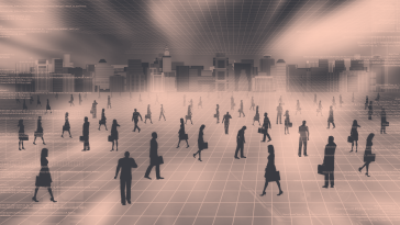 Image of a virtual city with shadow people.