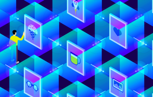 people viewing artwork inside glass boxes