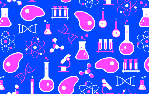 A collage of synthetic biology and lab icons including: flasks, test tubes, strands of DNA, atoms, molecules, and synthetic meats.