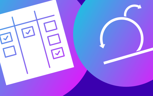 A kanban board icon and a scrum loop icon intersecting to show the differences and similarities of both product management ideologies.