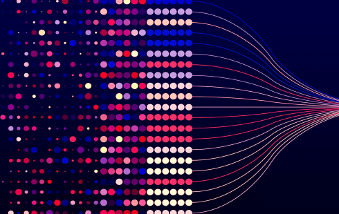 A random assortment of dots sorted and consolidated into a single stream through data integration techniques.