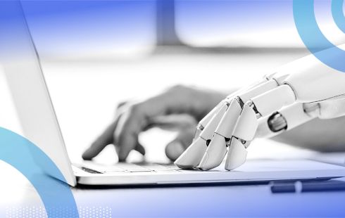 human hand typing on keyboard with robot hand