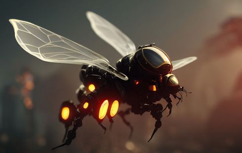 Image of a metalic, robotic bee with orange lights on its legs and a digital screen for eyes.