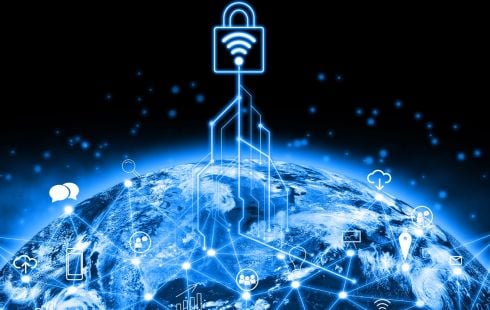 padlock hovering over global IoT network connected across Earth