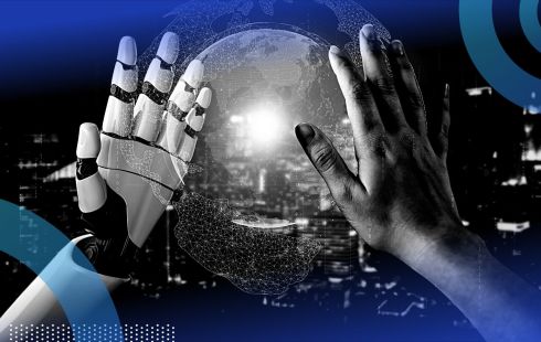 A human and a robot hand reach toward a 3D globe