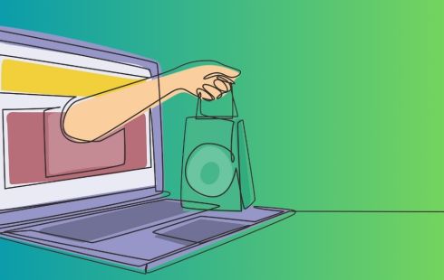 illustration of arm with shopping bag coming out of computer screen