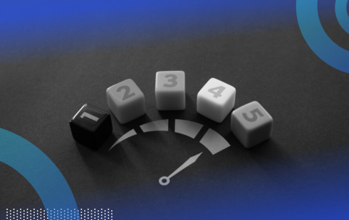 Five dice, numbered one through five, presented in a fan-like semi-circle, representing a dial.