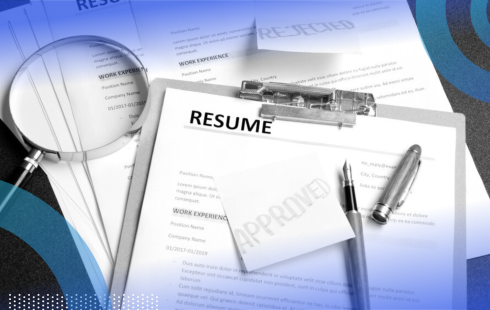 A resume on a clipboare with an uncapped pen on top of it and a sticky note reading “approved” on top of another resume with a note that reads “rejected” next to a magnifying glass.