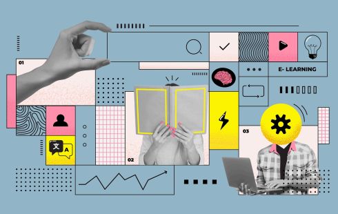A collage with hands and two people with illustrations covering their heads. The images in the collage include text bubbles, trend lines, books, a search bar, light bulb and more to convey the concept of learning. 