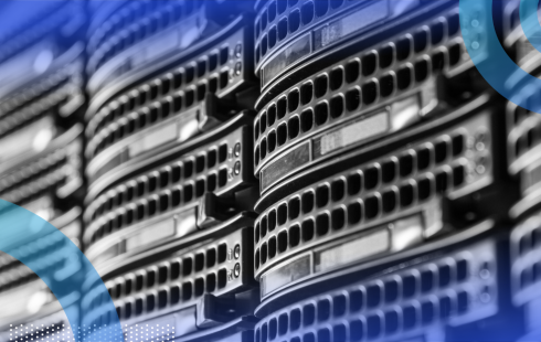 A row of data storage hard drives