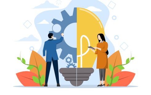 An illustration with a lightbulb and people to show the process of finding new ideas, data and information thoughts. 