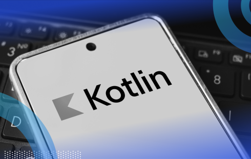 A smartphone displays the Kotlin logo