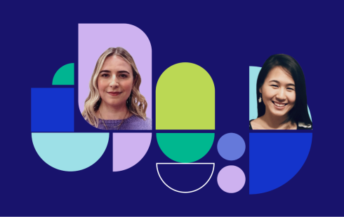 A photo of two Fluent employee headshots among abstract shapes on a cool color scheme