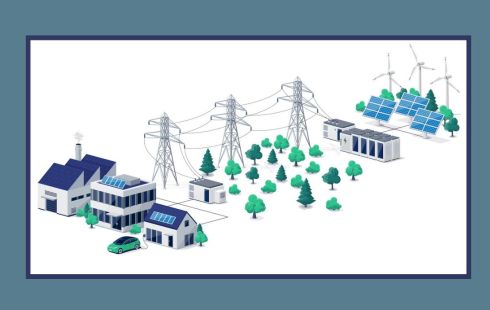 An image depicting a connected power infrastructure between houses, offices and factories