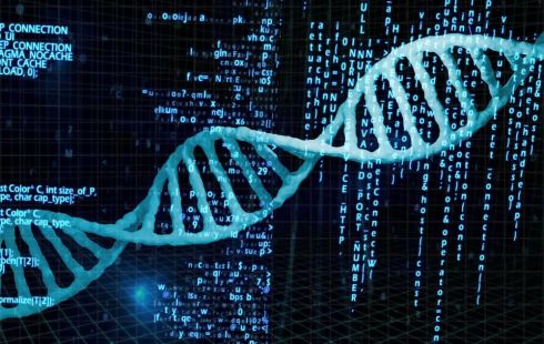 A strand of DNA is pictured against bioinformatics data.