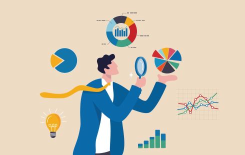 An illustration of a person with a data analysis chart, diagrams and more with a magnifying glass.