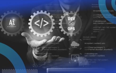 A man in a suit holds symbols saying AI, DevOps, and a symbol