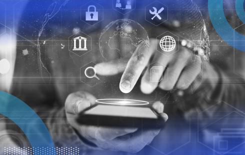 Person entering a fintech app with icons