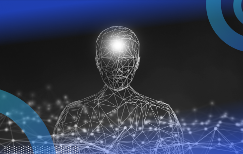 A digital outline of a person with a glowing brain