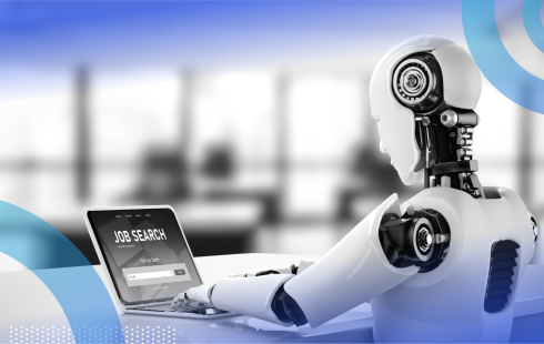 A robot works on a laptop with a job search screen