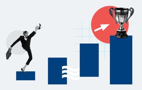 A collage of a woman doing a high kick on a bar chart toward a trophy to show the idea of women succeeding at work in tech.