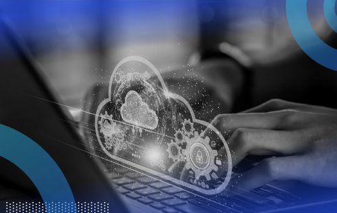 Person accessing the cloud with cloud image overlay