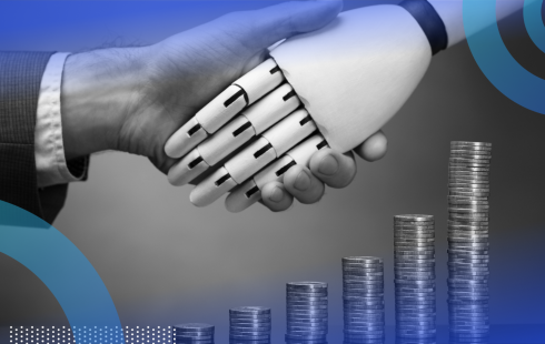 Robot and human hand shaking hand over stacks of money