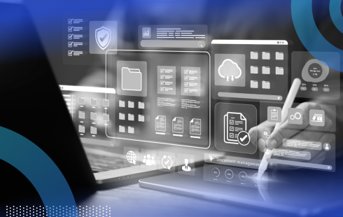 Person working on an ERP system with interface overlay