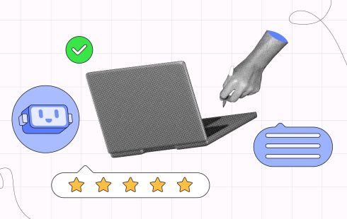 A ​​halftone collage of a hand and a laptop with icons like 5-stars and a robot to show the idea of customer service.