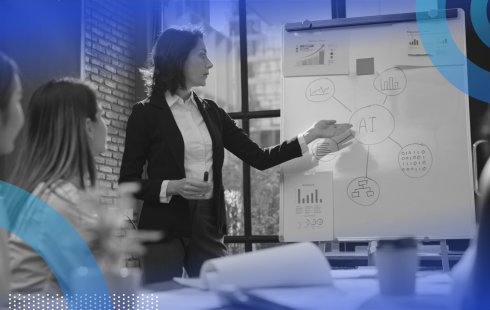 Executive discussing AI strategy to employees