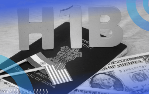 A dollar bill, an Indian passport with small American and Indian flags and H1B on top